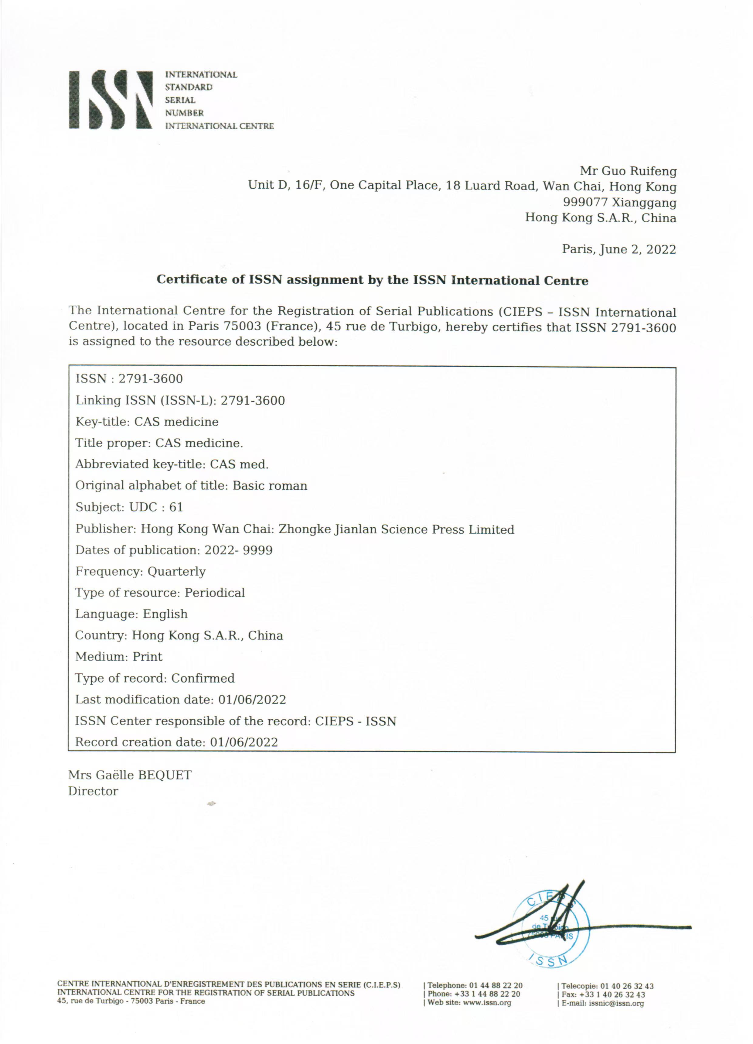 ISSN Certificate - CAS Medicine